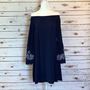 JUST FOR YOU Navy and White Off-The-Shoulder dress